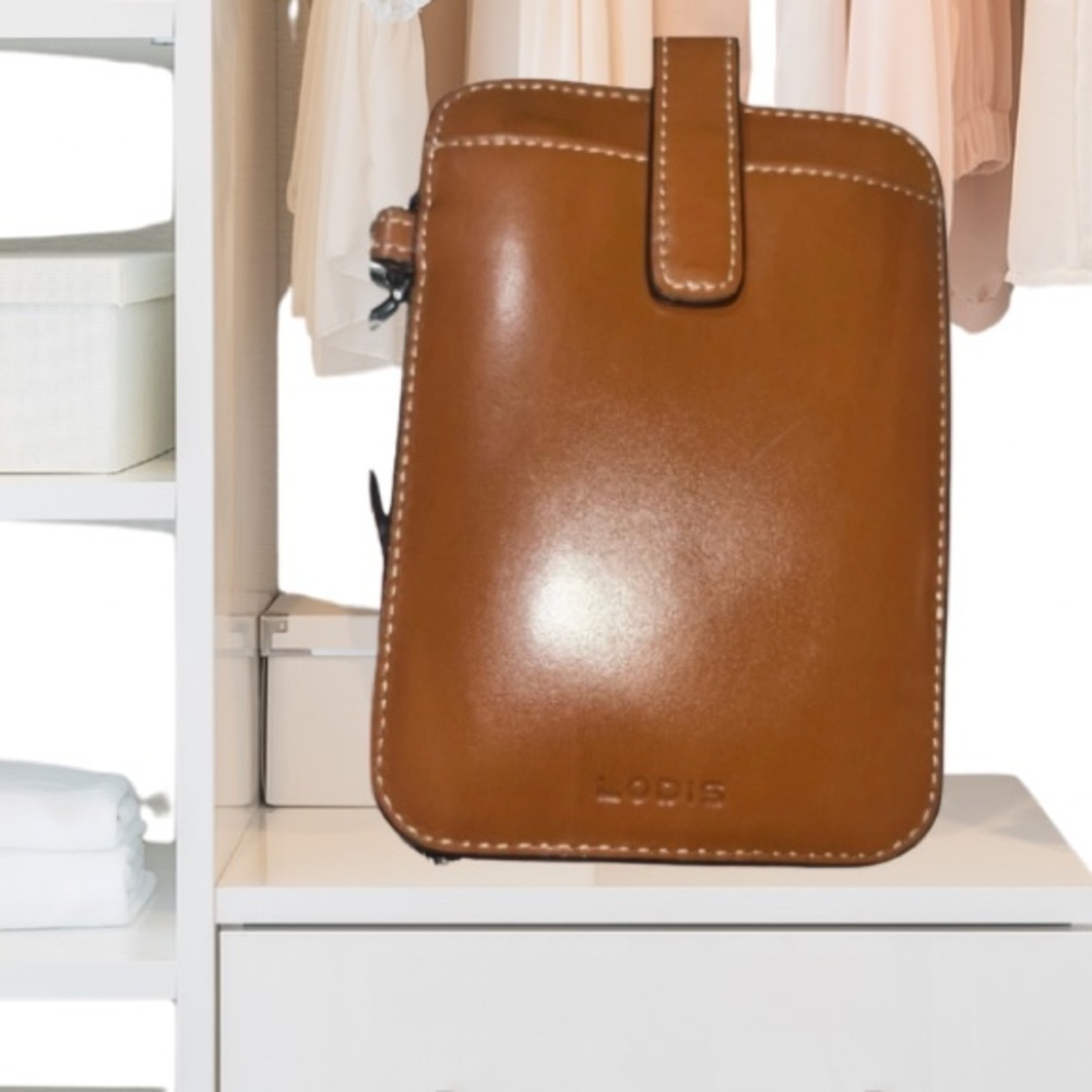 Lodis Tan Leather Small Wallet w/Clear ID slot, wristlet strap, and coin pouch
